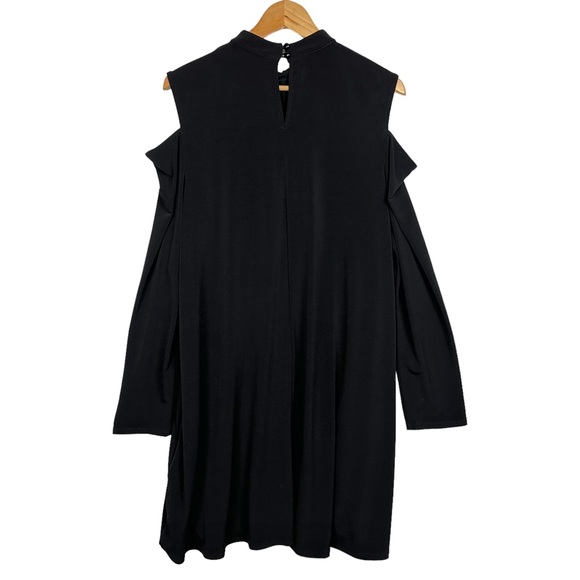 AGB Black Mock Neck Cold Shoulder Embroidered Floral Summer Mini Shift Dress - Picture 3 of 11
